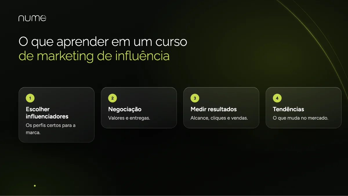 Marketing de Influência: O que é e Como Funciona? 2 O que aprender em cursos de marketing de influência: escolher influenciadores, negociação, medição de resultados e tendências