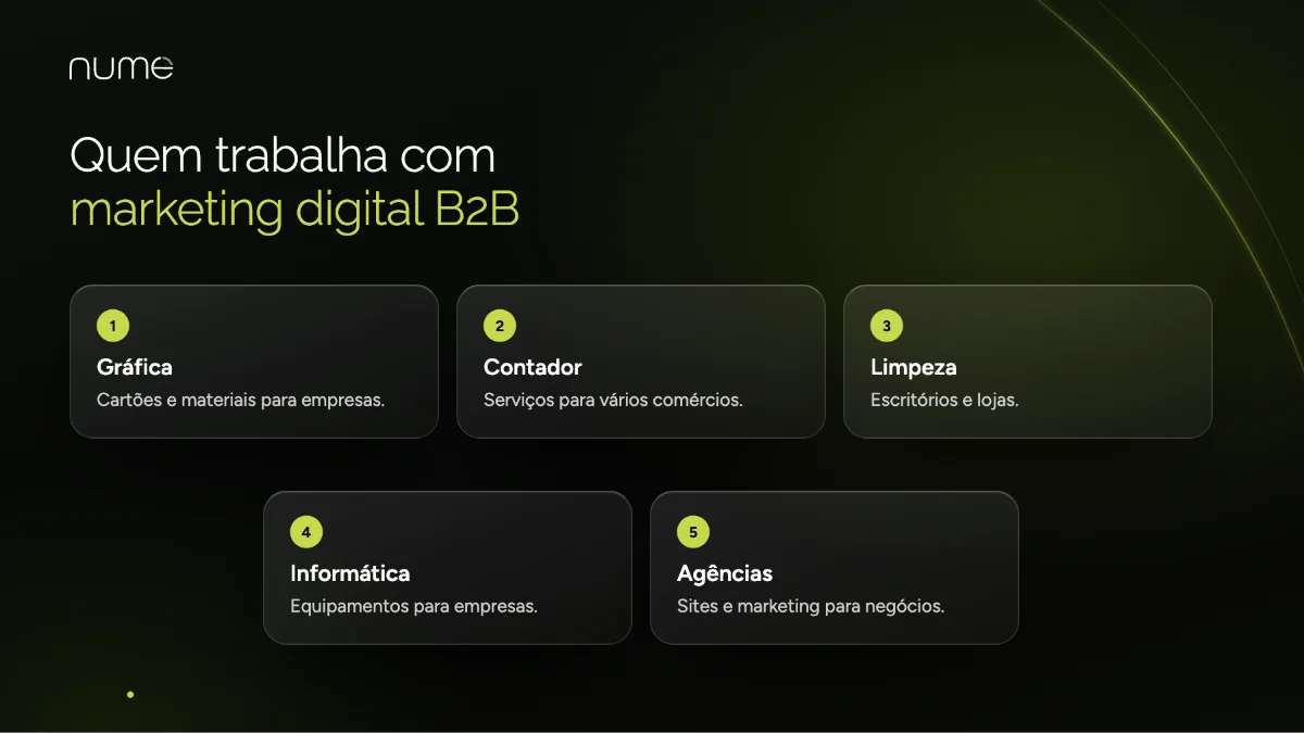 Marketing Digital B2B: Como Vender Para Outras Empresas Sem Complicar 1 Exemplos de empresas que fazem marketing digital B2B: gráfica, contador, limpeza, informática e agências