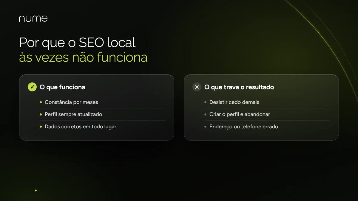 SEO local: Como Fazer Sua Empresa Aparecer Para Quem Está Perto de Você 2 Por que algumas empresas não veem resultado com SEO local: desistir cedo, fazer pela metade e informações erradas