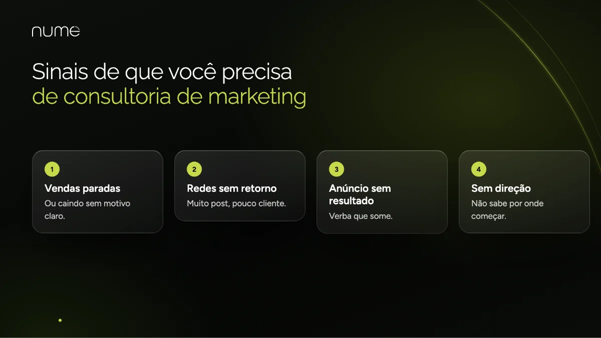 Consultoria Marketing: O Segredo para Sua Empresa Crescer de Verdade 2 Sinais de que sua empresa precisa de consultoria de marketing: vendas paradas, redes sem retorno, anúncios sem resultado e falta de direção
